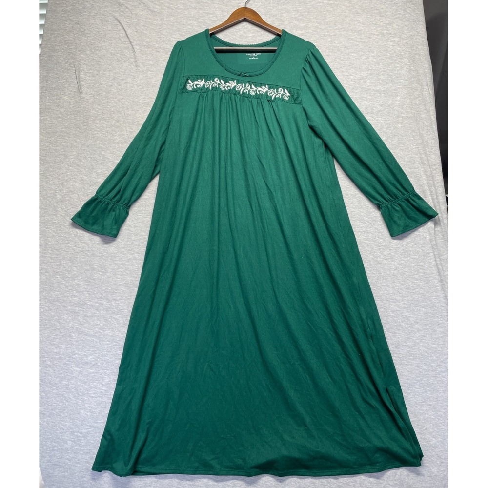 Charter Club Nightgown Womens Large‎ Green Floral Embroidery Detail Round Neck
